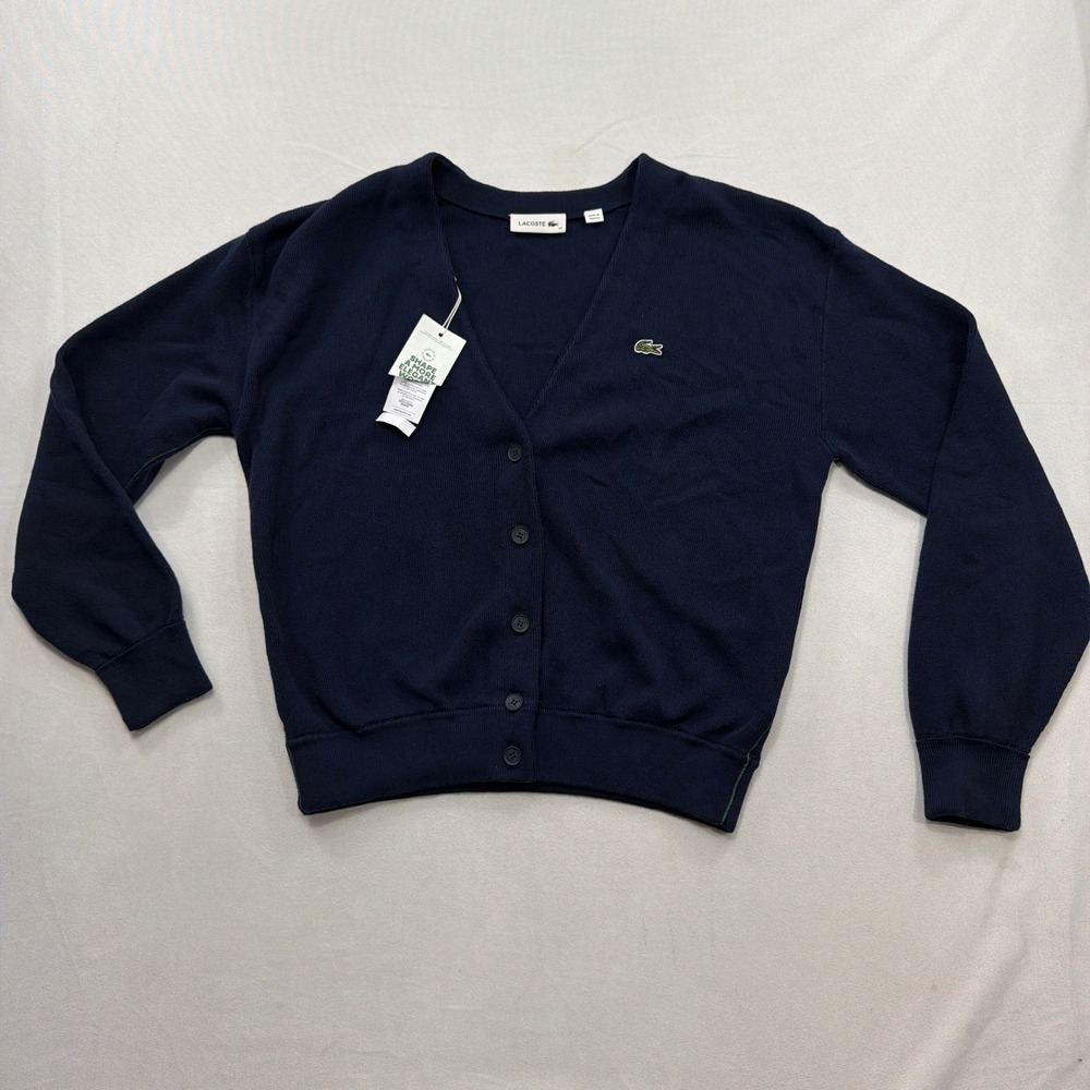 Lacoste Cardigan Sweater Organic Cotton V-Neck Logo Navy Blue Womens 34 NWT